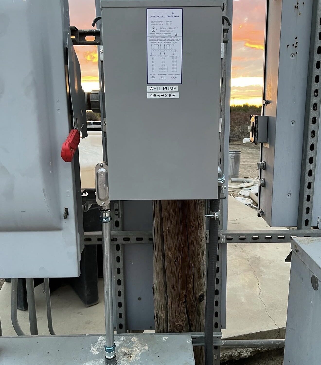 Hevi-Duty Emerson 10kVA transformer labeled WELL PUMP 480V to 240V — Cyber Electric LLC
